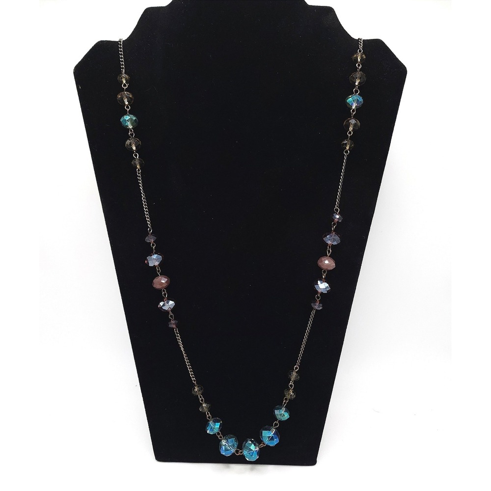 Faceted Glass Bead Station Necklace Blue Brown Purple 32 Inch Long Chain